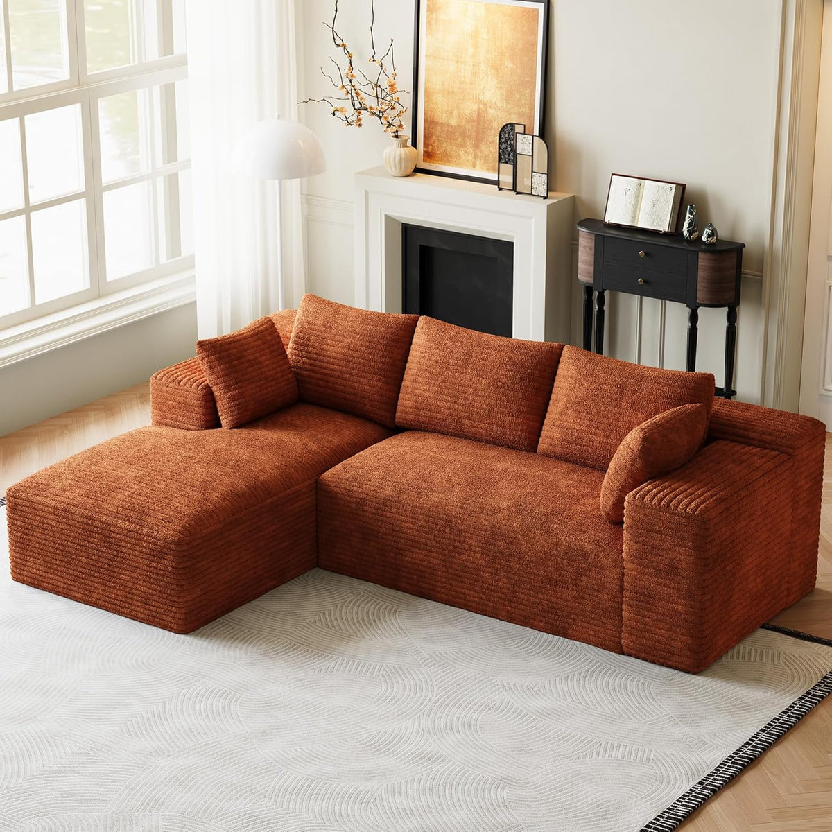 Cloud Sectional Couch Modular Sectional Sofa, 96" Comfy Fluffy Orange L Shaped Couches for Living Room, Deep Seat Plush Corduroy Memory Foam Couch with Left Facing Chaise Sofa