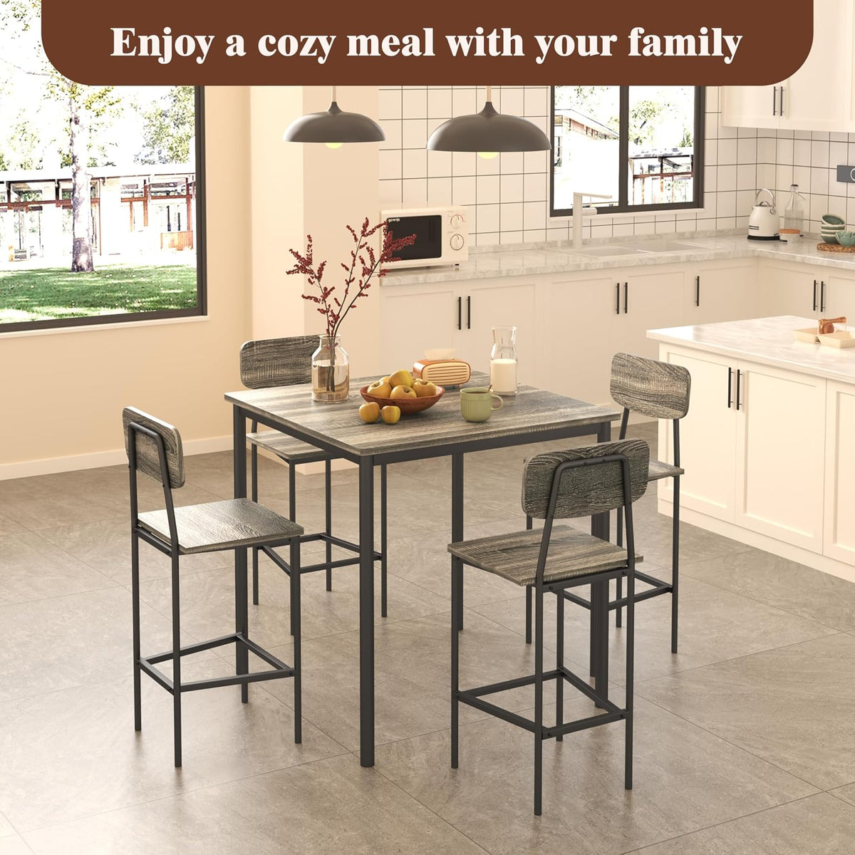 Kitchen Table and Chairs of 4, 5 Piece Dining Table Set | Sturdy Industrial Space Saving Dinette Set for Pub, Family Dinners, Apartment, Gray