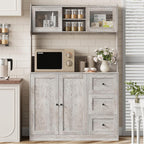 Kitchen Pantry Cabinet with Storage, Buffet Cabinet with Countertop for Microwave Stand, Tall Sideboard Storage Hutch Cabinets with LED, 3 Drawers & Adjustable Shelves for Dining Room, Grey