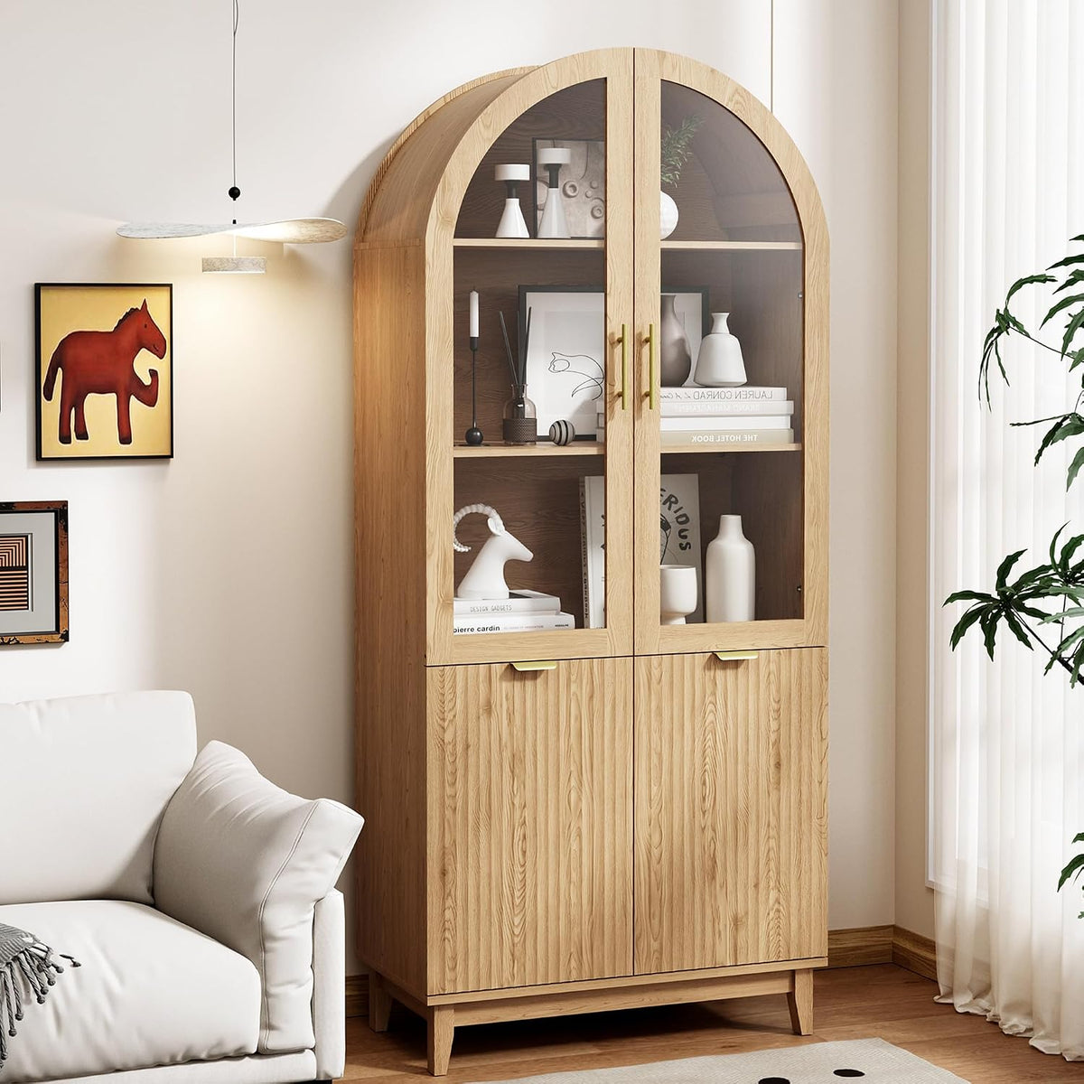 Fkhouse 71" Tall Arched Pantry Cabinet, Kitchen Pantry with Glass Doors & Fluted Doors, Wood Storage Cabinet with Adjustable Shelf, Versatile Cupboard for Kitchen, Living Room, Natural