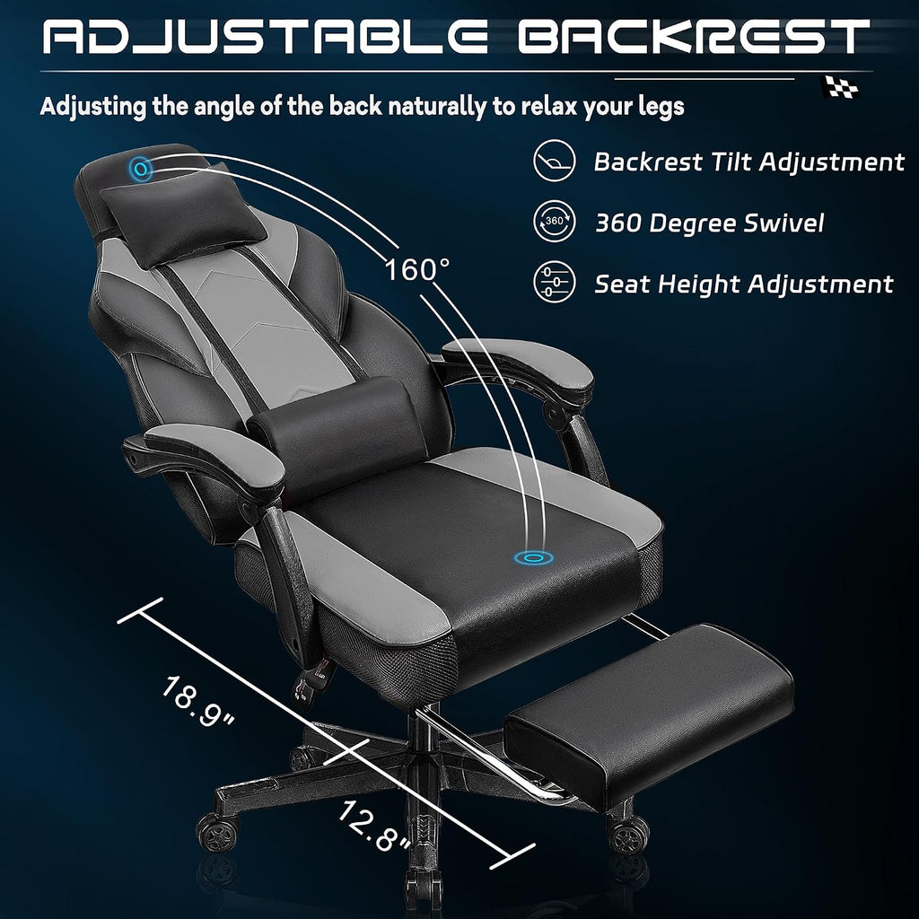 Gaming Chair for Adult, Computer Chair with Footrest Video Game Chair Big and Tall Gaming Chair with Massage Lumbar Support, Adjustable Height and 360° Swivel Seat(Grey)