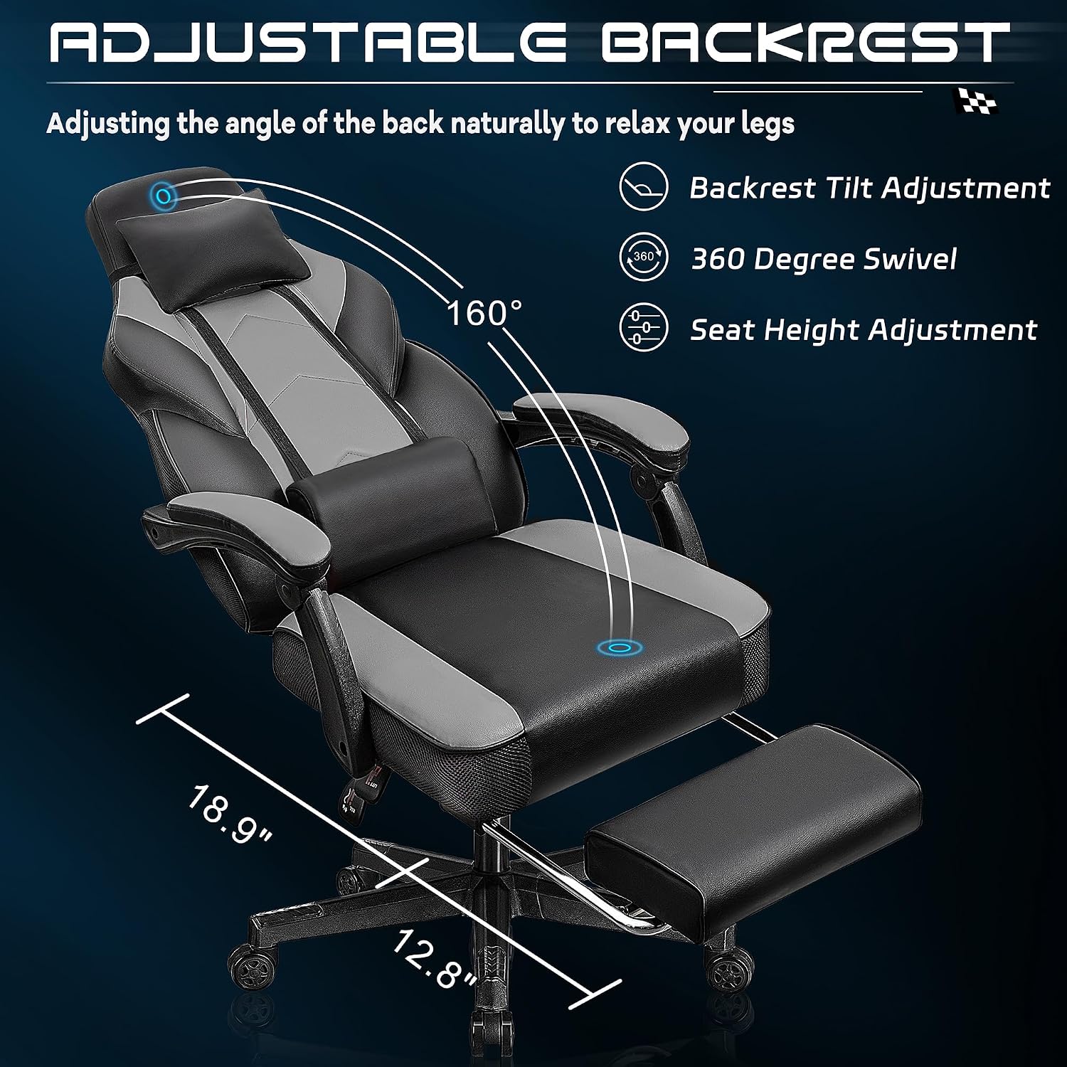 Gaming Chair for Adult, Computer Chair with Footrest Video Game Chair Big and Tall Gaming Chair with Massage Lumbar Support, Adjustable Height and 360° Swivel Seat(Grey)