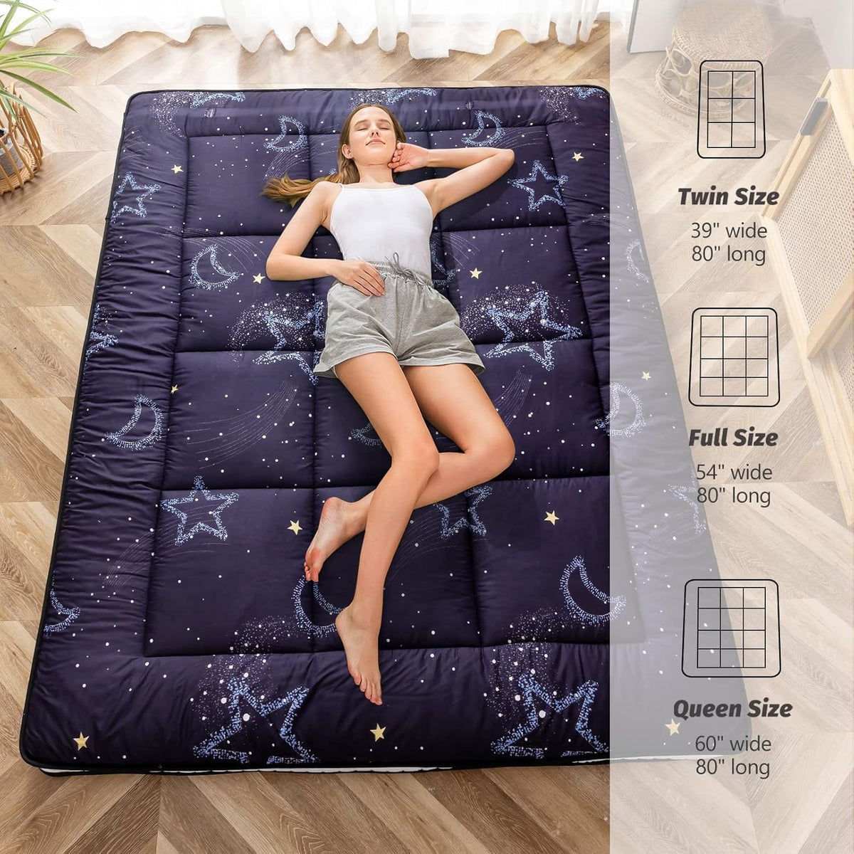 MAXYOYO Futon Mattress, Japanese Floor Mattress Folding Sleeping Pad | Black Moon and Star Quilted Mattress Topper, Extra Thick Breathable Floor Lounger Guest Couch for Camping, Queen