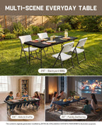 FanttikOutdoor Folding Table 6ft Quick Adjust 3 Heights Picnic Party Dining | One-Handed Adjustable Height, Fixing Lock, Carry Handle Heavy Duty Portable Fold-in-Half, Indoor Outdoor Black Zeta X6 Pro