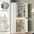 Anbuy 67'' Tall Pantry Cabinet with Led Light, Corner Pantry Cabinet with 4 High Gloss Doors and Adjustable Shelves, Space Saving Storage Cabinet for Food Hutch for Kitchen, Living Dining Room (White)