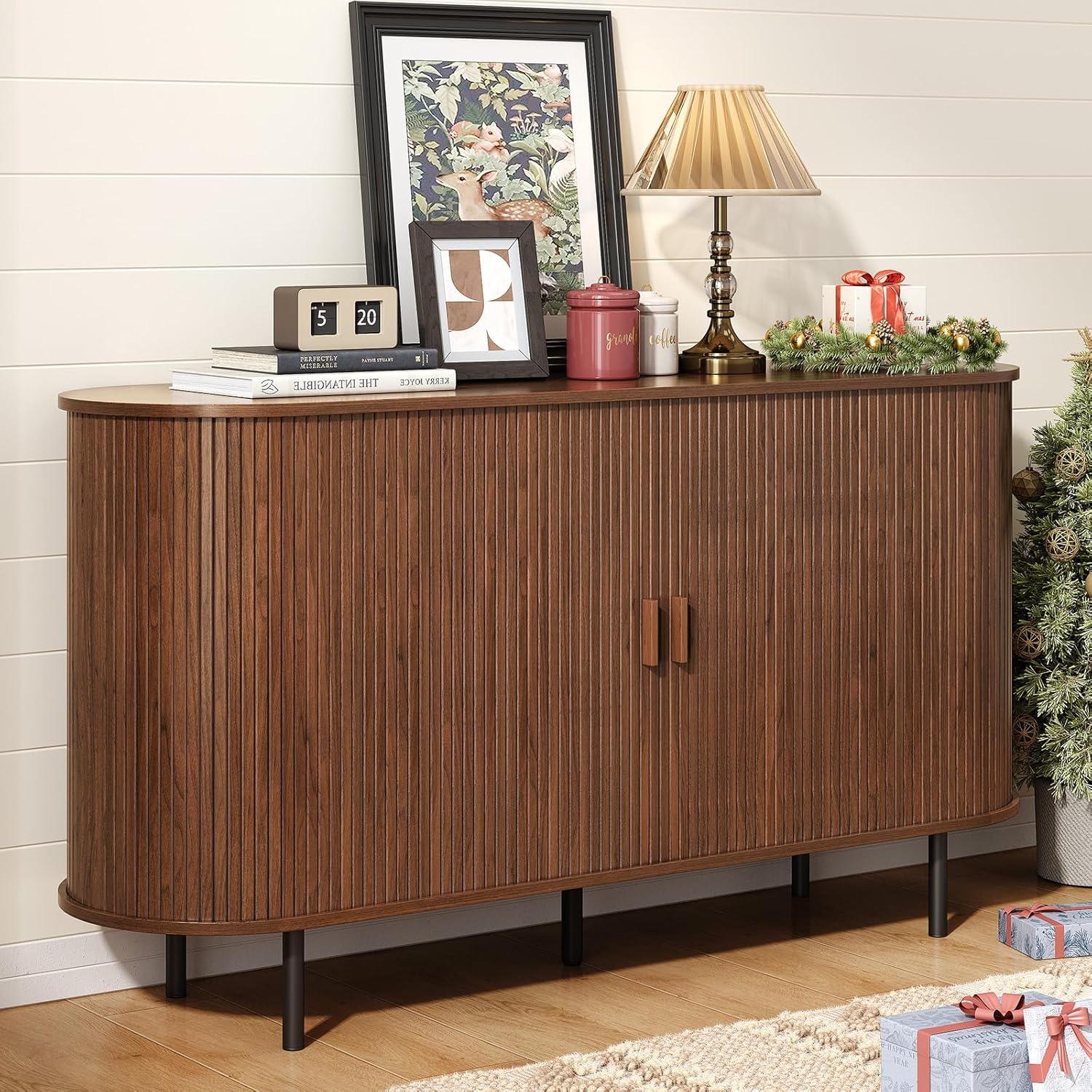 ONBRILL 55" Sideboard Buffet Cabinet with Storage, Sliding Door & Adjustable Shelf, Modern Accent Coffee Bar Console Table for Kitchen, Entryway, Walnut