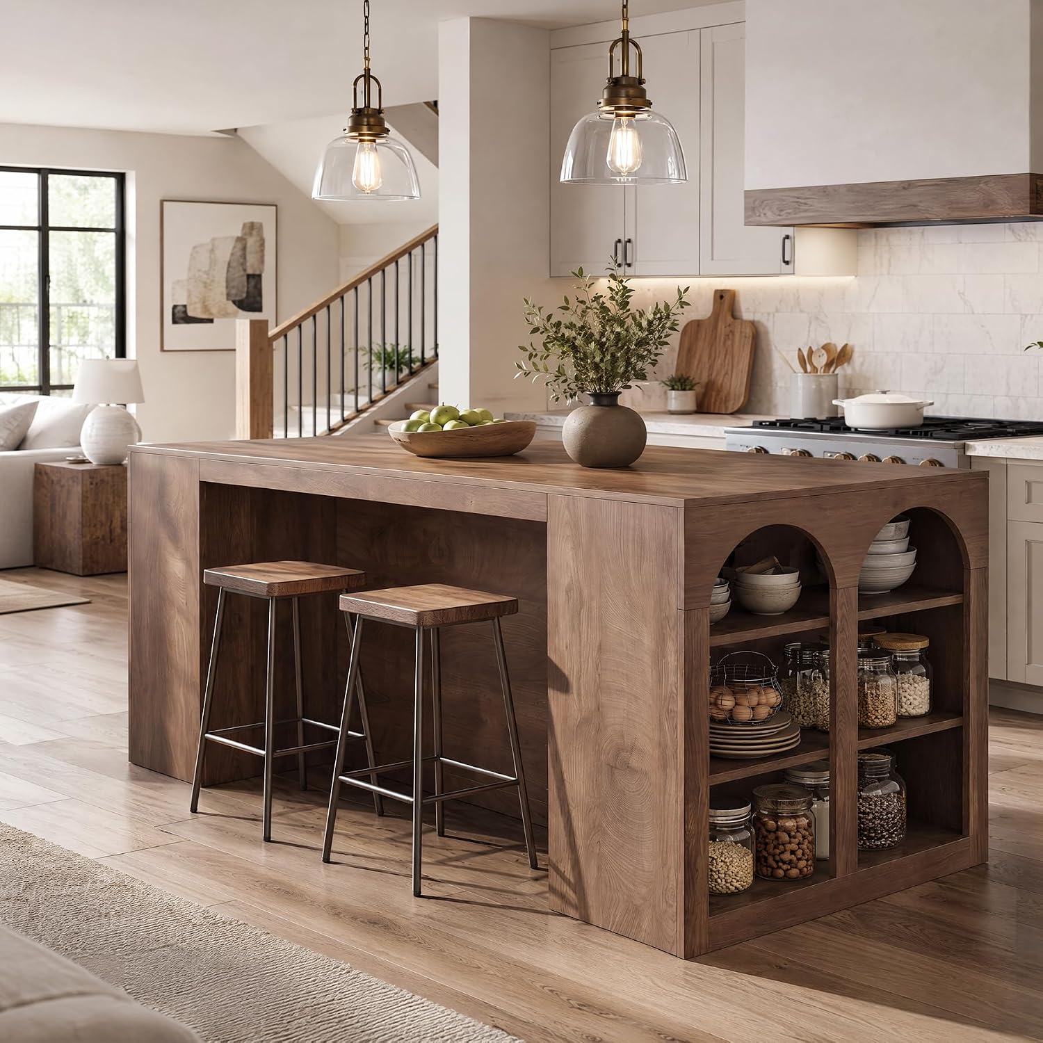 Tribesigns 78.7" Large Kitchen Island Table with Storage & Seating Space | Farmhouse Island Table with Arched Open Shelves, Modern Stationary Island Storage Table for Kitchen Dining Room, Brown