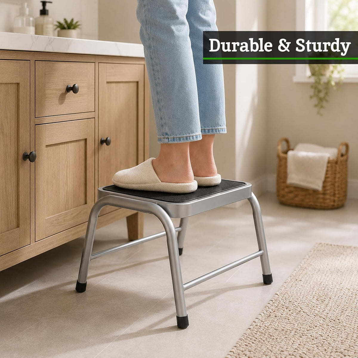 Premier Housewares Leecroft Metal Step-up Stool, H25 x W43 x D35cm, Silver