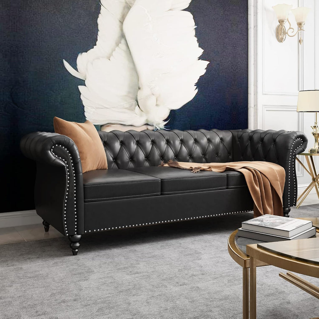 AVZEAR 84" Chesterfield Sofa 3-Seater, Classic Roll Arm PU Leather Couch with Button Tufted Back, Stain Resistant Upholstered Settee Large Sofa for Living Room, Black