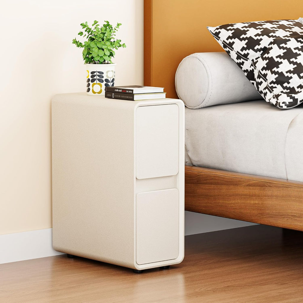 7.8" W Faux Leather Narrow Nightstand, Modern Fully-Assembled Bedside Table with 2 Drawers, Wood Night Stand Small Accent End Table & Side Table for Bedroom, Cream White