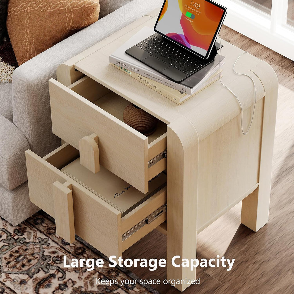 WAMPAT 23.7" Tall Beige Nightstands Set of 2, Modern Mid Century End Table with Charging Station, Wood Bedside Table w/2 Storage Drawers, Side Table Bedside Cabinet for Bedroom,Living Room，Beige