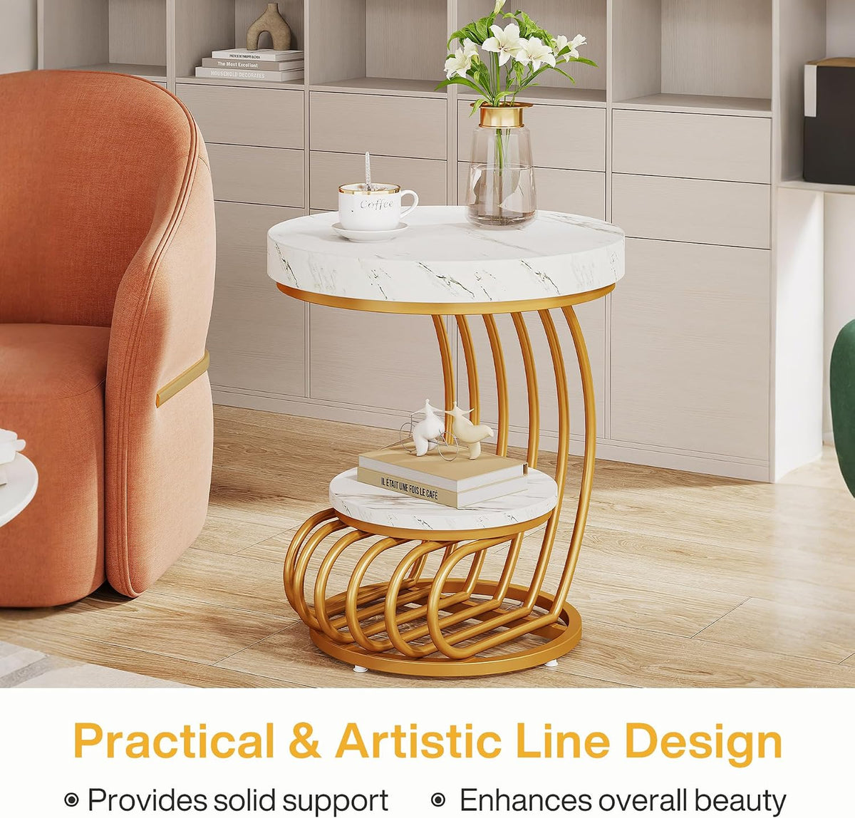 Tribesigns Round End Table, 2-Tier Modern Wood Side Table with Shelf Storage, Faux Marble Sofa Side Bedside Nightstand, Arc-Shaped Frame Accent Furniture for Living Room, Gold & White