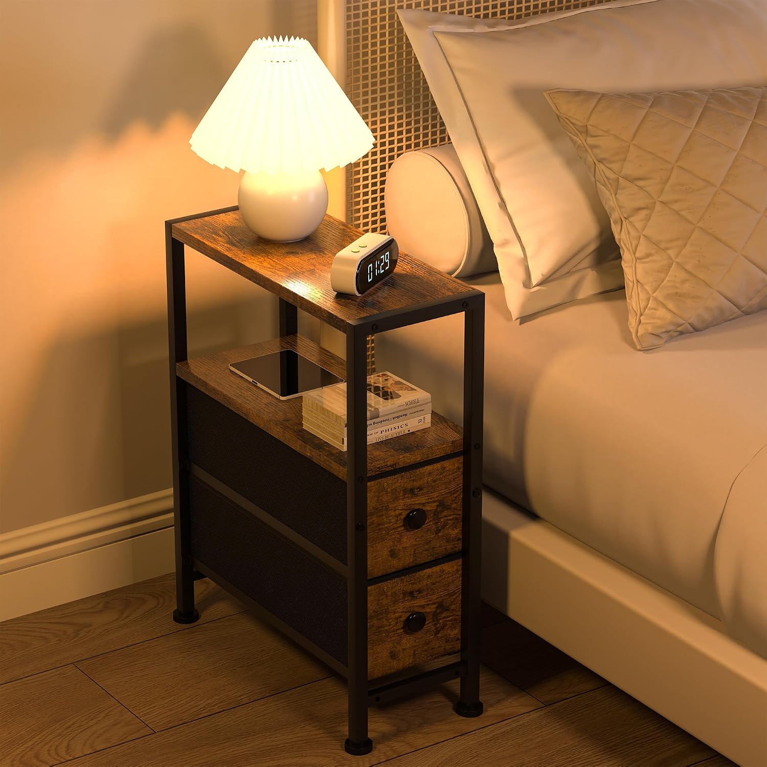 Small Narrow Side Table with Drawers, Skinny End Table for Small Spaces, Slim Nightstand with Storage, sofa bedside Table in Living Room, Bedroom, Study, kitchen and Balcony (Rustic Brown)M-LBZ83B1V1