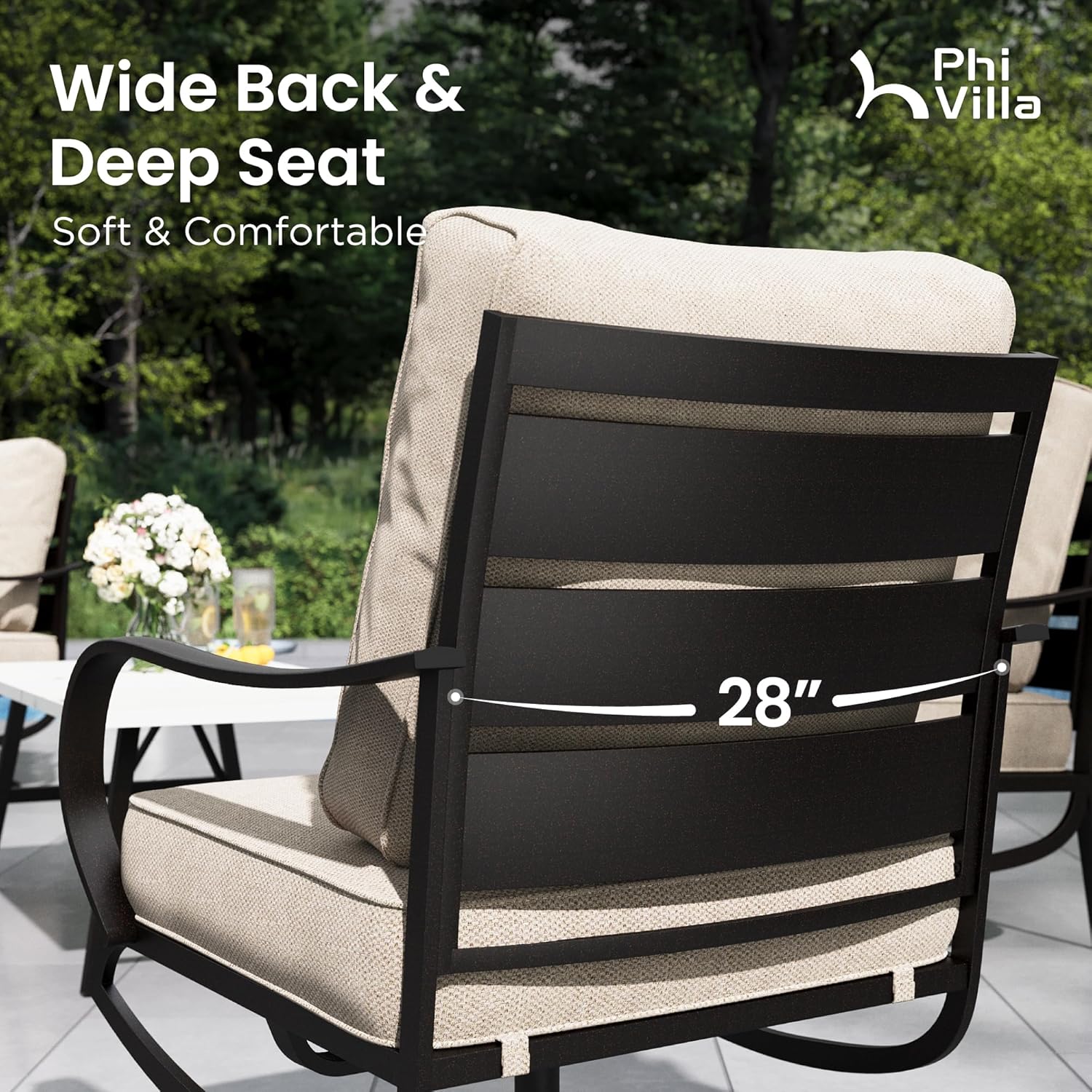 PHI VILLA Metal Swivel Patio Chairs Set of 2, High Back Steel Outdoor Chairs with 5.75" Extra Thick Cushion, 2 Piece All Weather Deep Seat Outdoor Front Porch Seating Furniture for Deck Balcony, Beige