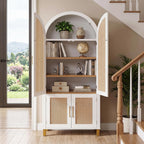 71" Tall Arched Cabinet with Rattan Doors & Adjustable Shelves, White | 4-Door Modern Farmhouse Storage Cabinet with Built-in Racks – Versatile Organizer for Kitchen, Dining Room, Study, Sturdy MDF