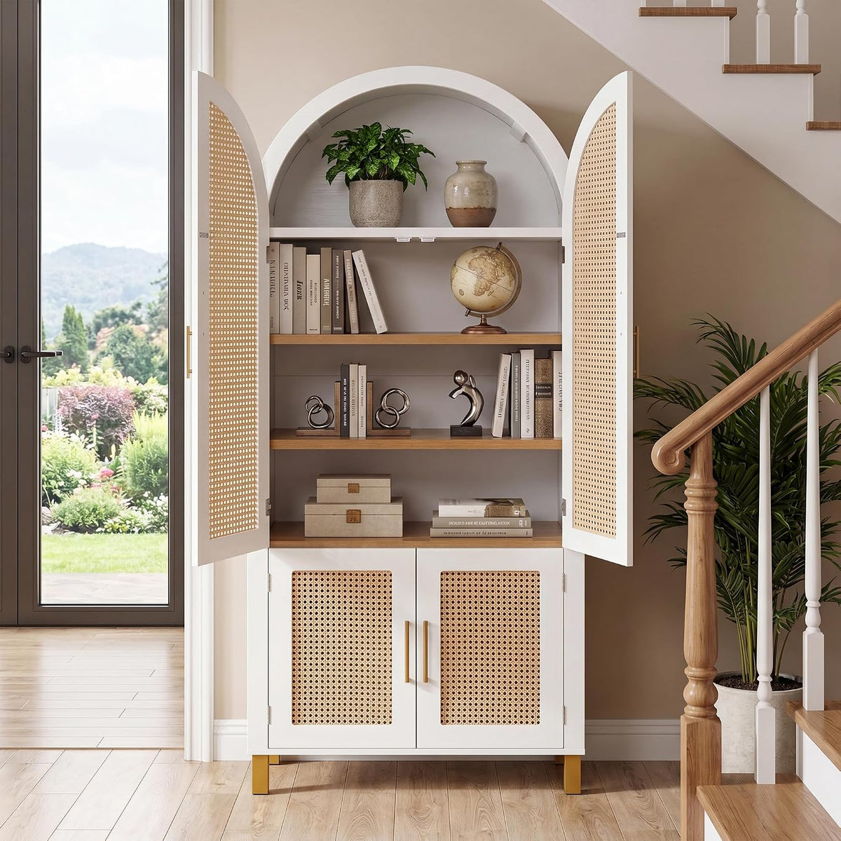 71" Tall Arched Cabinet with Rattan Doors & Adjustable Shelves, White | 4-Door Modern Farmhouse Storage Cabinet with Built-in Racks – Versatile Organizer for Kitchen, Dining Room, Study, Sturdy MDF