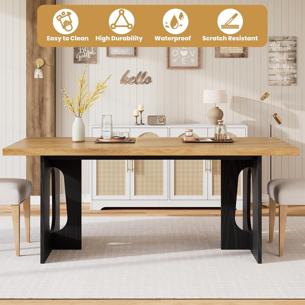 GarveeHome Dining Table for 6-8 People - 71" Modern Long Kitchen Table with Large Tabletop & Heavy Duty Pedestal Legs, Dinner Table for Kitchen, Conference Room, Home, Natural & Black