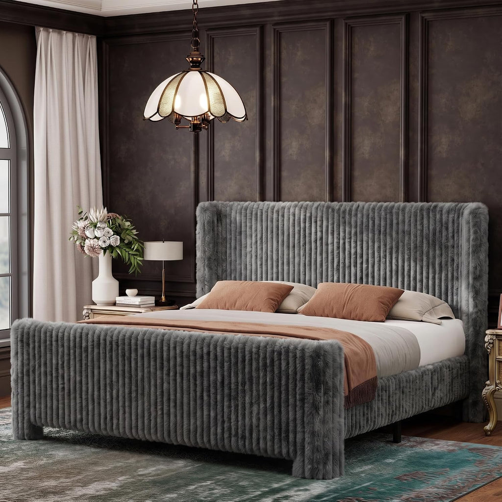 Queen Bed Frame with Faux Fur Upholstered Curved Wingback Headboard & Footboard, Platform Bed with Removable Washable Cover & Wood Slats, Noise-Free, No Box Spring Needed, Easy Assembly, Grey