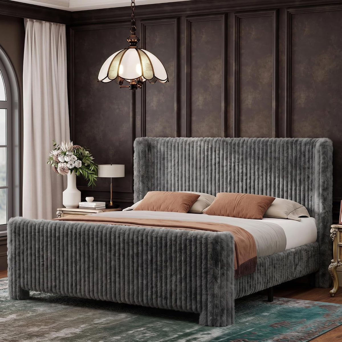 Queen Bed Frame with Faux Fur Upholstered Curved Wingback Headboard & Footboard, Platform Bed with Removable Washable Cover & Wood Slats, Noise-Free, No Box Spring Needed, Easy Assembly, Grey