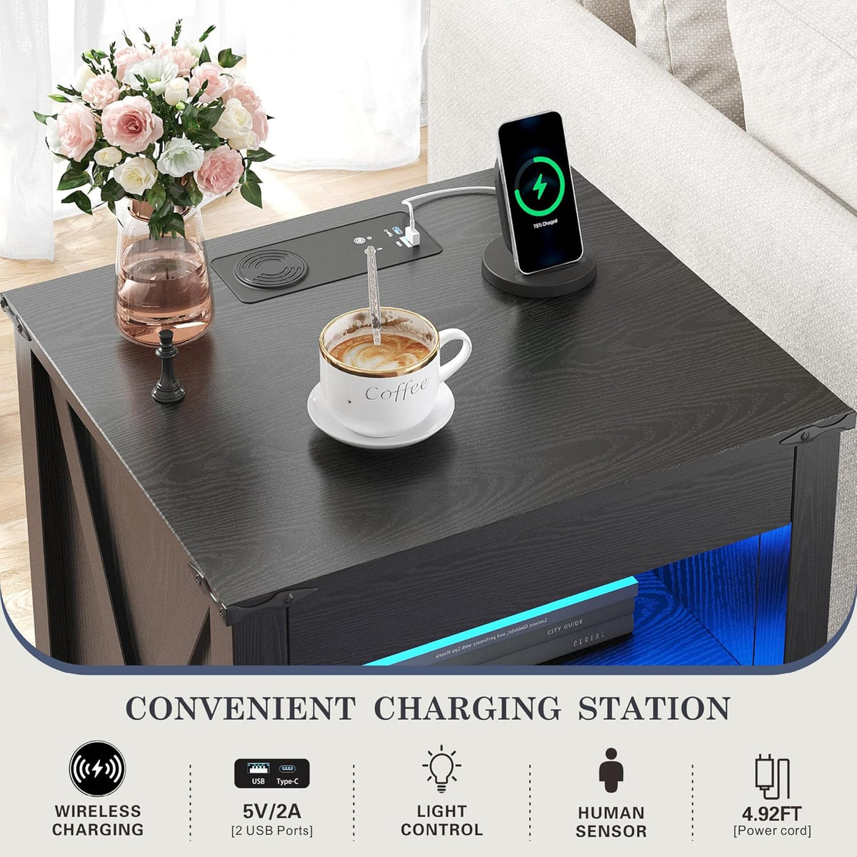 Farmhouse LED Nightstand Set 2 with Gun Drawer&Invisible Lock,Modern Bedside Table with Human Sensor Design,Rustic Side Table with Wireless Charging for Living Room, Black