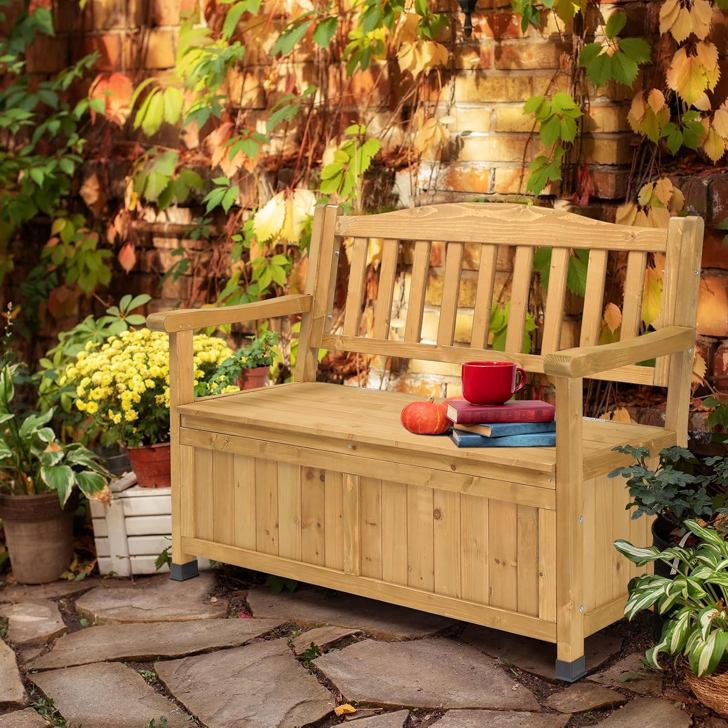 Outdoor Wood Storage Bench Deck Box, Entryway Porch Storage Bench, Wood Loveseat for Garden, Lawn, Balcony & Yard