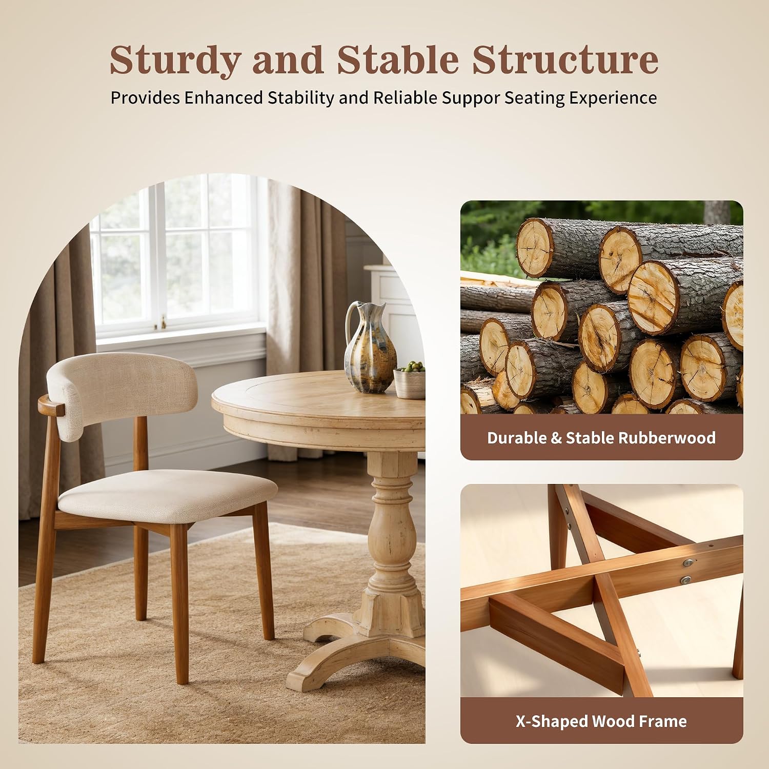 Wooden Dining Chairs Set of 4 Mid Century Modern Upholstered Farmhouse Dining Room Chair with Solid Wood Legs, Fabric Kitchen Side Chairs with Ergonomic Curved Backrest (4, Walnut + Beige)
