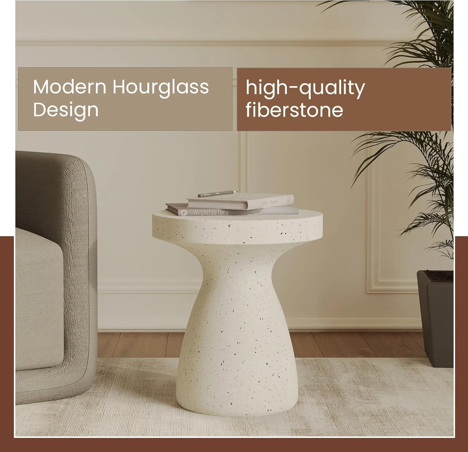 LeisureMod Wisp 16" Modern Wide Round Fiberstone Hourglass Design Side Table - Stylish Accent End Table