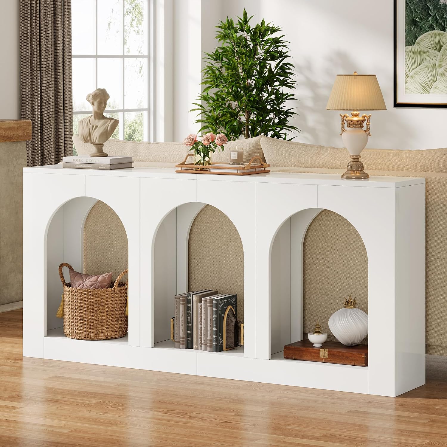 Tribesigns 70.9" White Console Table with Storage, Wood Entryway Entry Table with 3 Arched Shelves for Foyer, Hallway, Living Room, Behind Couch Sofa, Narrow Long