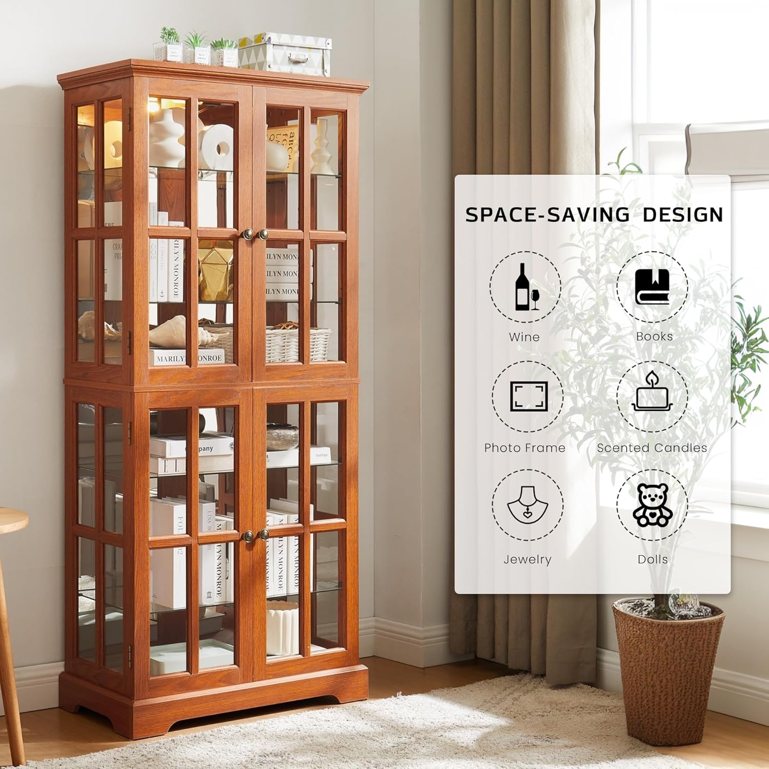 69" Lighted Display Cabinet with 4 Glass Doors, Tall Elegant Bookcase with Adjustable Shelves, Light Bulb Included, Wooden Storage Organizer Cabinet for Collectibles, Living Room (Dark Oak)
