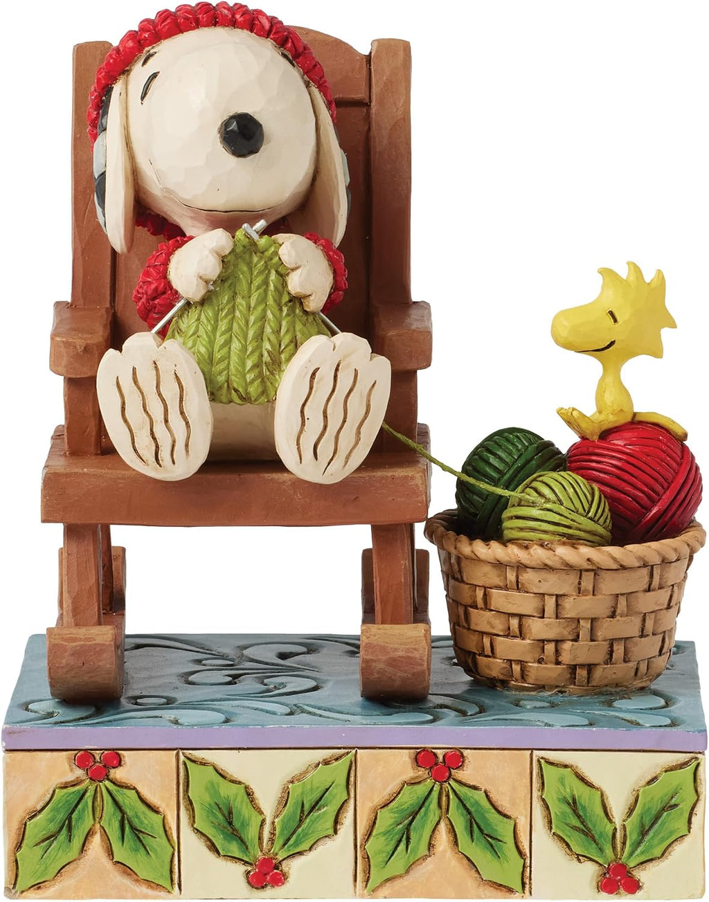 Enesco Peanuts by Jim Shore Snoopy in Rocking Chair Knitting with Woodstock Figurine, 5 Inch, Multicolor