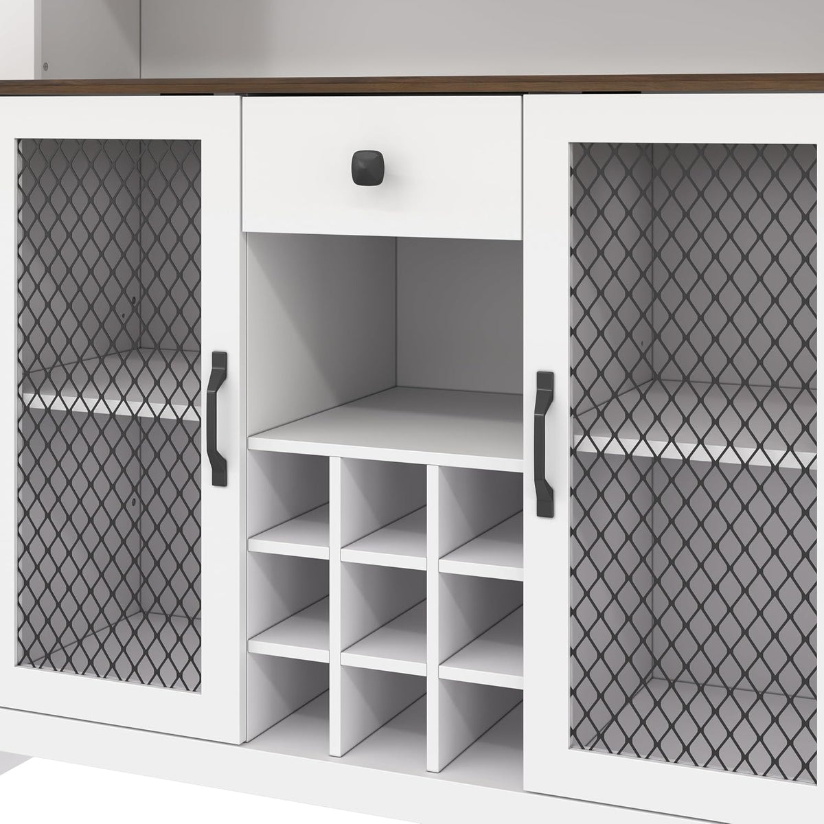 70.9" Farmhouse Kitchen Hutch Cabinet with Charging Station, 2 AC Outlets & 2 USB Ports, Built-in Wine Rack for 9 Bottles, Stemware Holder & LED Light, Freestanding Pantry Storage Cabinet (White)