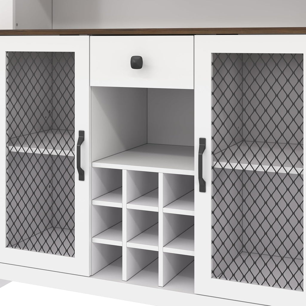 JIJIWANG 70.9" Kitchen Pantry Storage Rustic Buffet Cabinet,Kitchen Hutch Cabinet with LED Outlets Food Pantry Cabinets with Doors and Shelves Wine Rack for Dining Room,for Dining Room,White