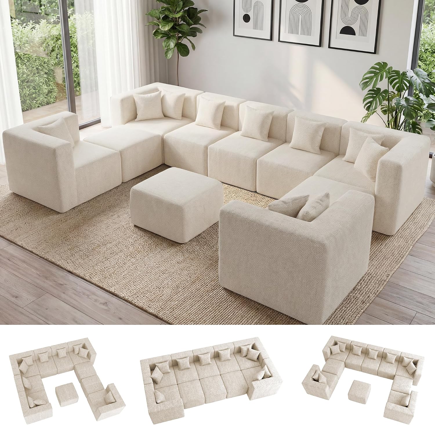 MONVANE Oversized Sectional Couch 10-Seat, Chenille, Beige | Sectional Couch for Living Room, Modular Cloud Sofa with Ottoman & 10 Throw Pillows, No Assembly Required