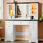 Xixini 43.3" Farmhouse Vanity Desk with LED Mirror, RGB Cabinets, White
