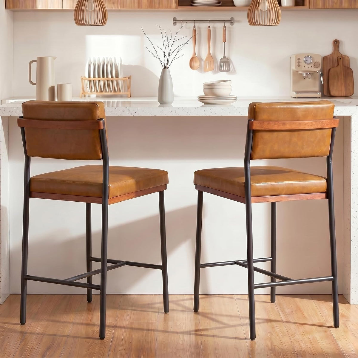 Faux Leather Bar Stools Set of 2,26 Inch Modern Counter Height Bar Stools for Kitchen Island,Counter Stools with Wide Back Sturdy Metal Legs,Brown