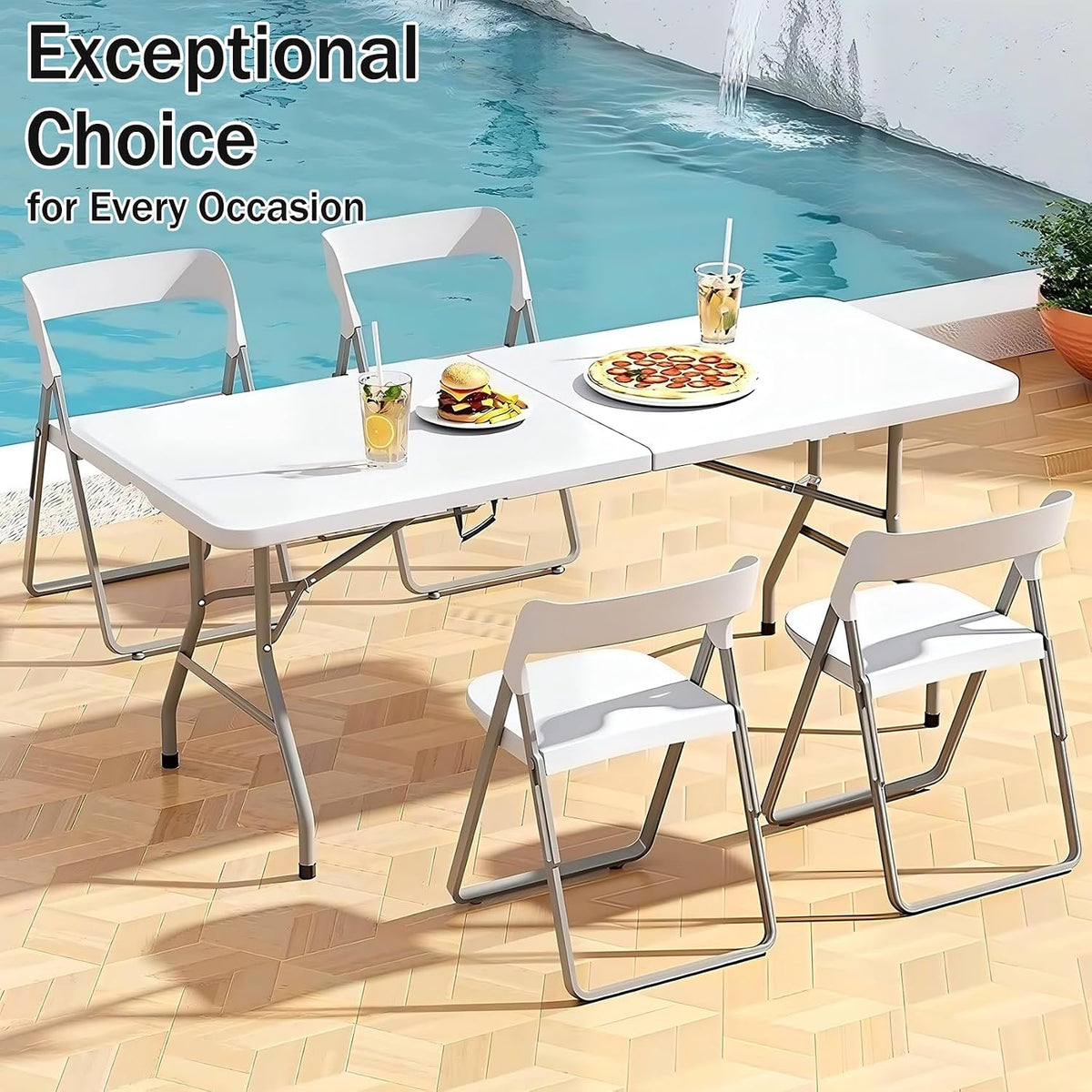 1 Set 6 FT Rectangle Folding Table with Carrying Handle, Lightweight Fold-in-Half Utility Table, with Matching White Stretch Spandex Covers, Ideal for Weddings, Parties, Camping, Banquets.