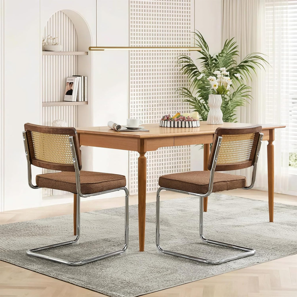 SoarFlash Linen Dining Chair Set of 2 Modern Upholstered Kitchen Chair with Walnut Rattan Cane Back, Stainless Chrome Base for Dining Room, Club(Coffee)