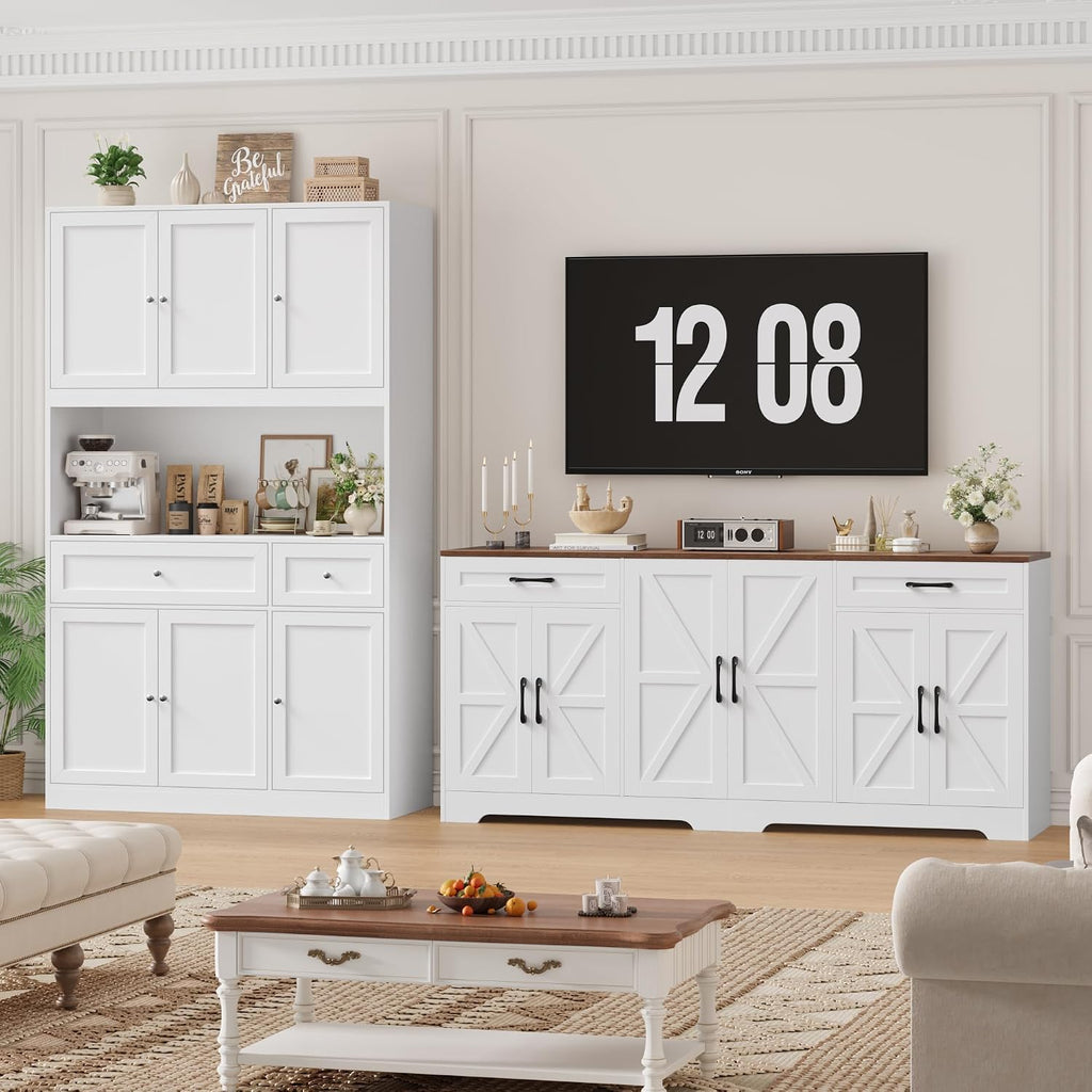 BOTLOG 2PCS Kitchen Cabinets, 71” Large Sideboard Buffet Cabinet with Storage, 72" Tall Pantry Cabinet with Microwave Stand, Wood Coffee Wine Bar Console Table for Kitchen, Dining Room, White