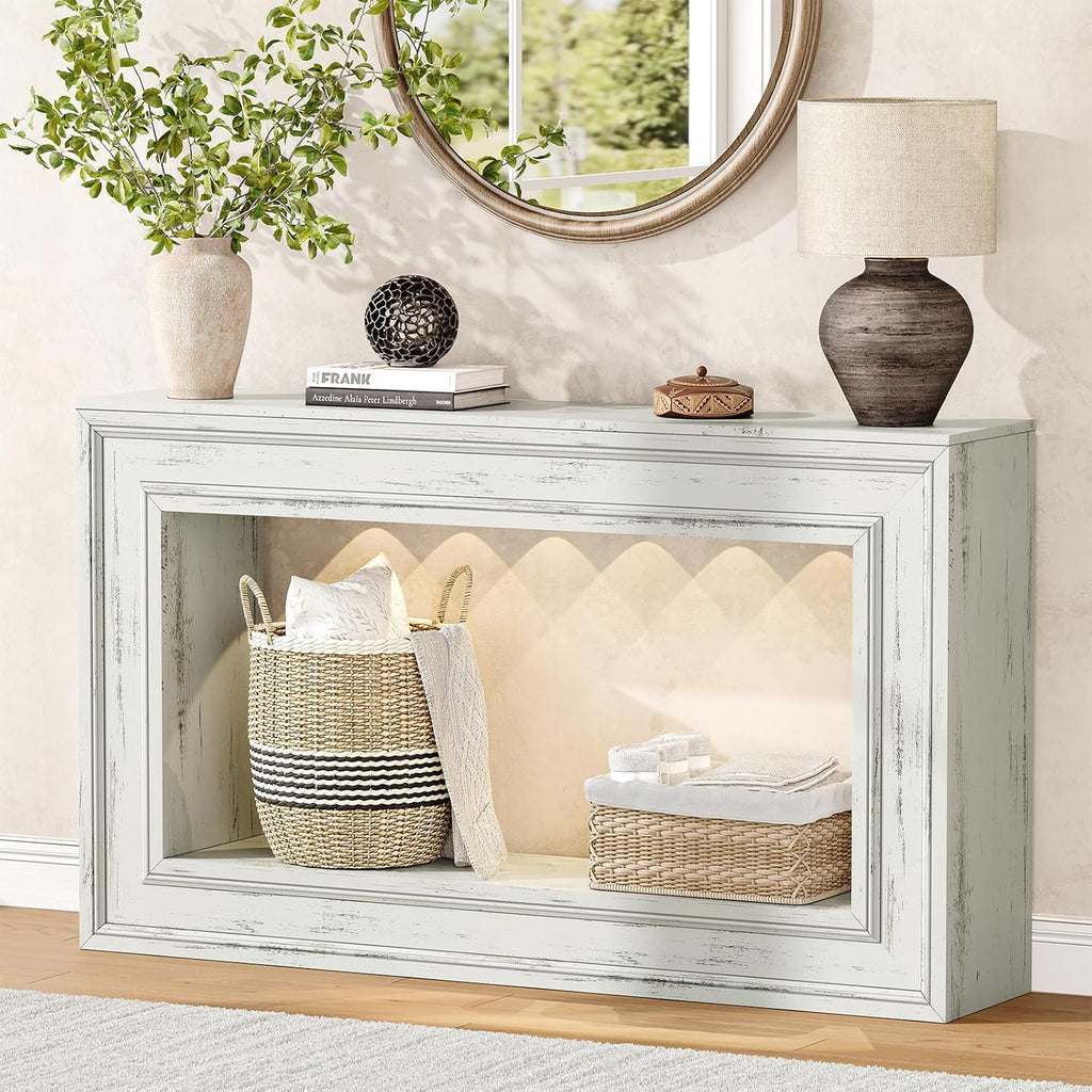 Rresyet 55" Narrow Entryway Console Table with LED Lights & Storage, White