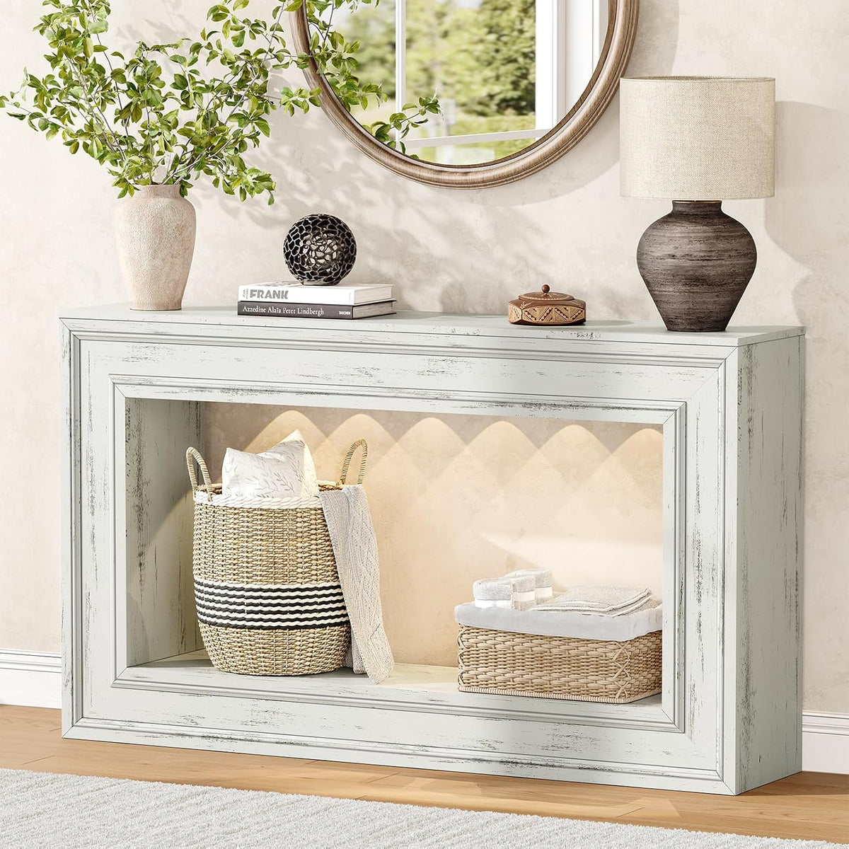 Rresyet 55" Narrow Entryway Console Table with LED Lights & Storage, White