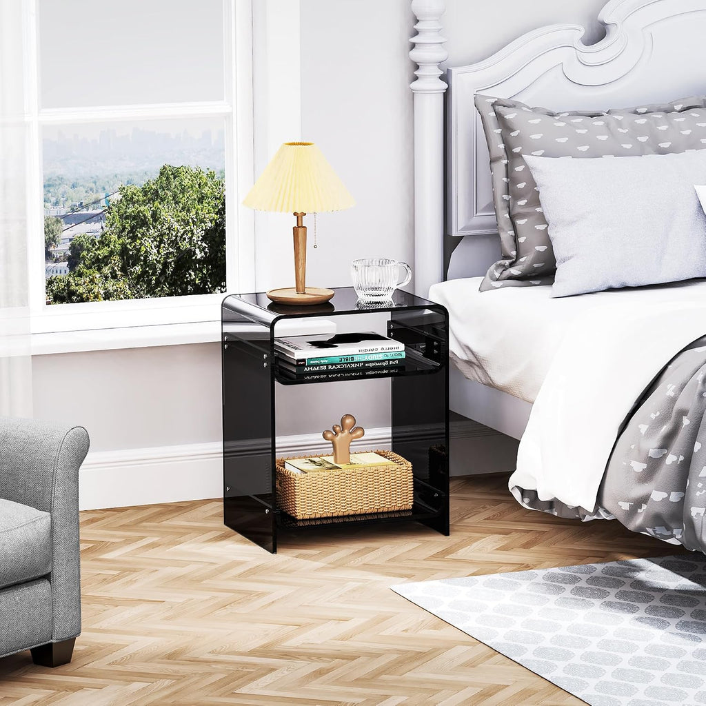 Acrylic End Table Record Player Table with Storage Shelf Clear Side Table Nightstand (Black)