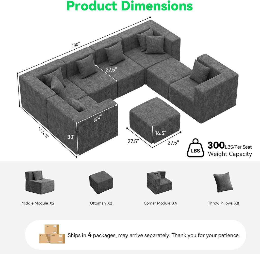 MONVANE Oversized Sectional Couch 08-Seat, Chenille, Gray | Sectional Couch for Living Room, Modular Cloud Sofa with Ottoman & 8 Throw Pillows, No Assembly Required