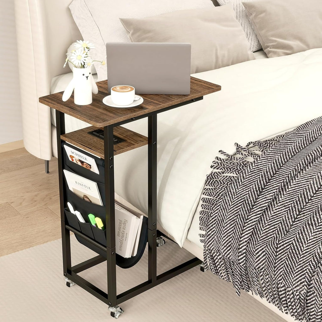 Giantex C Shaped End Table with Charging Station, 27’’H Slide Under Couch Side Table w/Wheels, Outlets & USB Ports, Storage Bag, Small Laptop Sofa TV Tray C Table for Living Room, Rustic Brown