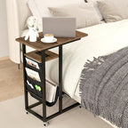 Giantex C Shaped End Table with Charging Station, 27’’H Slide Under Couch Side Table w/Wheels, Outlets & USB Ports, Storage Bag, Small Laptop Sofa TV Tray C Table for Living Room, Rustic Brown