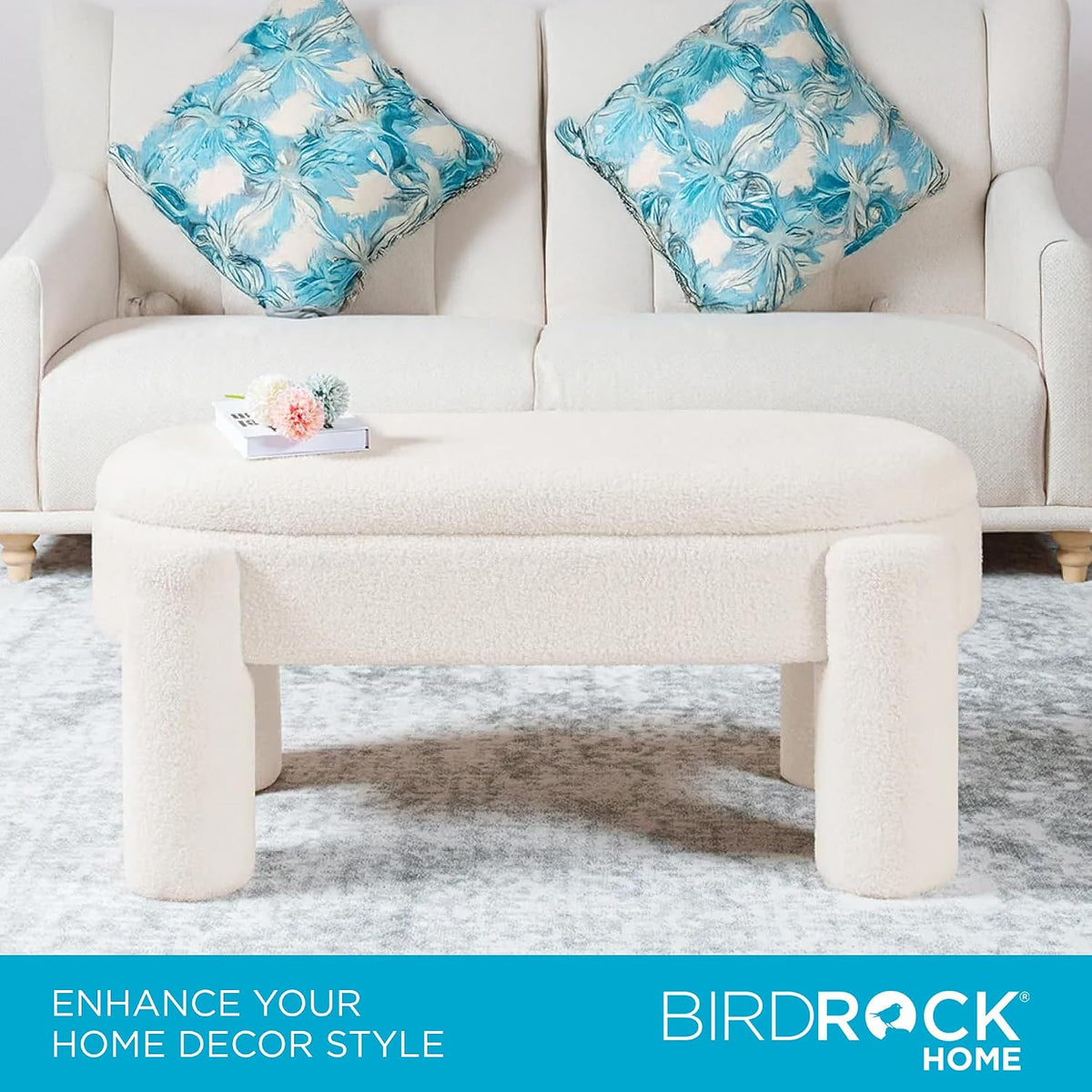 BIRDROCK HOME Sherpa Upholstered Storage Bench | Cozy Seat with Soft Sherpa Cushion, Versatile for Living Room, Bedroom, or Entryway Ottoman | Sturdy Design, 45” L x 20.5” W x 20” H
