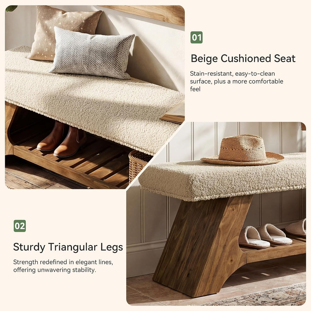 Tribesigns 55" Solid Wood Bench with Cushion and Shoe Storage, 2-Tier Upholstered Entryway Bench Farmhouse Entry Way Bench for Bedroom, Hallway, Natural Wood