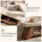 Tribesigns 55" Solid Wood Bench with Cushion and Shoe Storage, 2-Tier Upholstered Entryway Bench Farmhouse Entry Way Bench for Bedroom, Hallway, Natural Wood