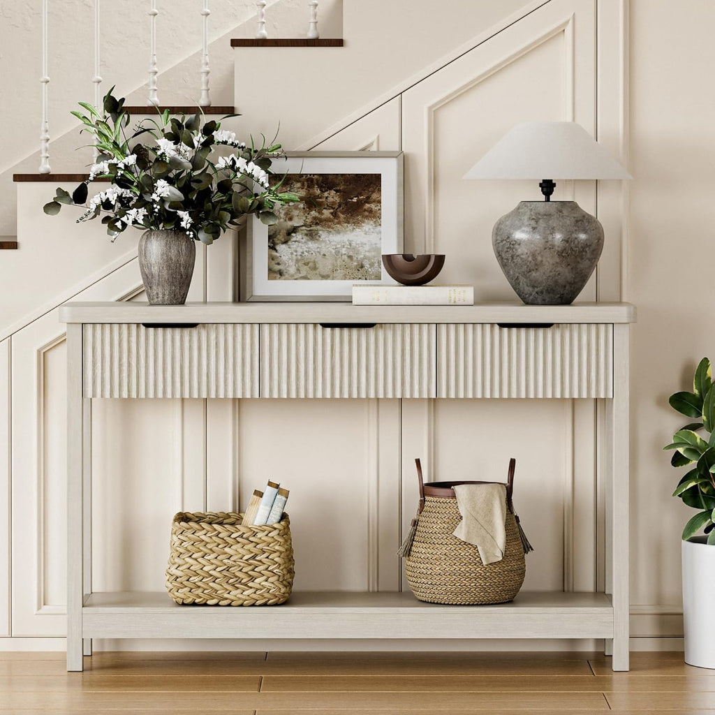 Lulive Fluted Console Table, 51 Inch Entryway Table with 3 Drawers | Scandi farmhouse look with quiet full-extension slides, open lower shelf, profile for hallway, entry, foyer or behind sofa.