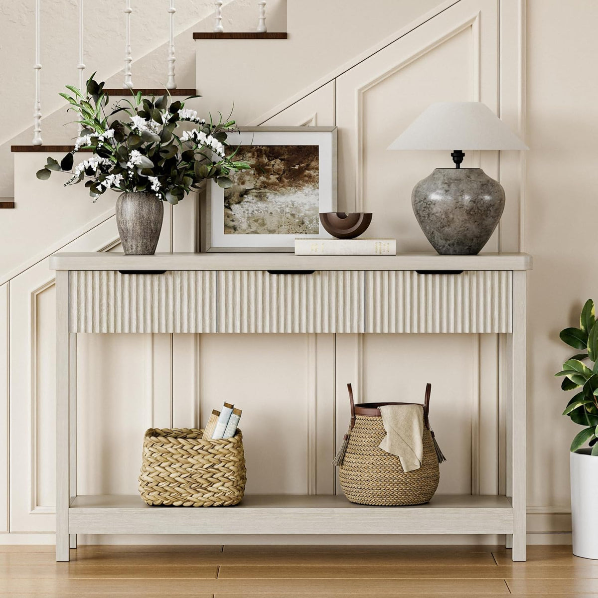 Lulive Fluted Console Table, 51 Inch Entryway Table with 3 Drawers | Scandi farmhouse look with quiet full-extension slides, open lower shelf, profile for hallway, entry, foyer or behind sofa.