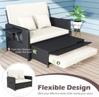 COSTWAY Patio Rattan Daybed with Cushions, Outdoor Wicker Loveseat Sofa with Storage Ottoman, 4-Level Adjustable Backrest, Bed Lounger for Yard, Balcony, Porch, Garden, Pool (Black+White)